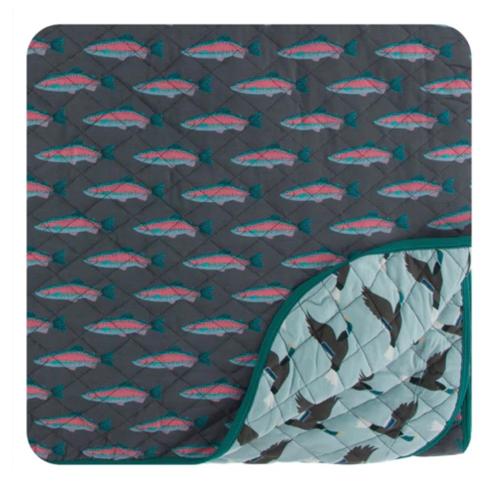 Kickee Pants quilted Throw blanket in stone trout and jade mallard ducks.